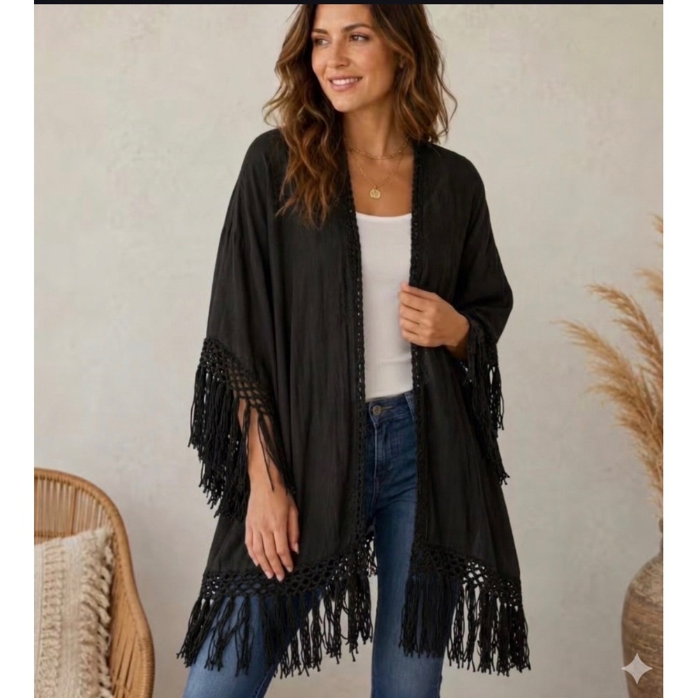 Black Crochet 2X Whimsigoth Fringe Kimono Open Front Boho Beach Wrap Cover Up